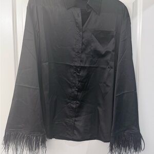Pink Lily Black Button Down Shirt with Feather Trim